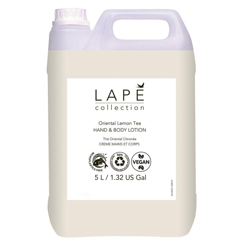 A white 5-liter plastic canister of LAPĒ Collection Oriental Lemon Tea Hand & Body Lotion by Diversey Germany with an oriental scent. With natural ingredients, cruelty-free and vegan certification, and a bright lemon label.