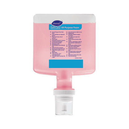 The Diversey Soft Care All Purpose Cartridge 1.3 L for IntelliCare is a rectangular pink soap refill pack from Diversey Deutschland GmbH & Co. OHG with a dispenser with a white base and a blue-white instruction label on the front.