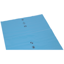 The DEISS 10103 (700x1100x0.15 mm) from EMIL DEISS KG is a blue, flat plastic waste disposal film with 3 valve openings and black printed symbols (recycling logo, "LDPE", "65"), similar to blue garbage bags. Packed in cartons of 50 pieces.