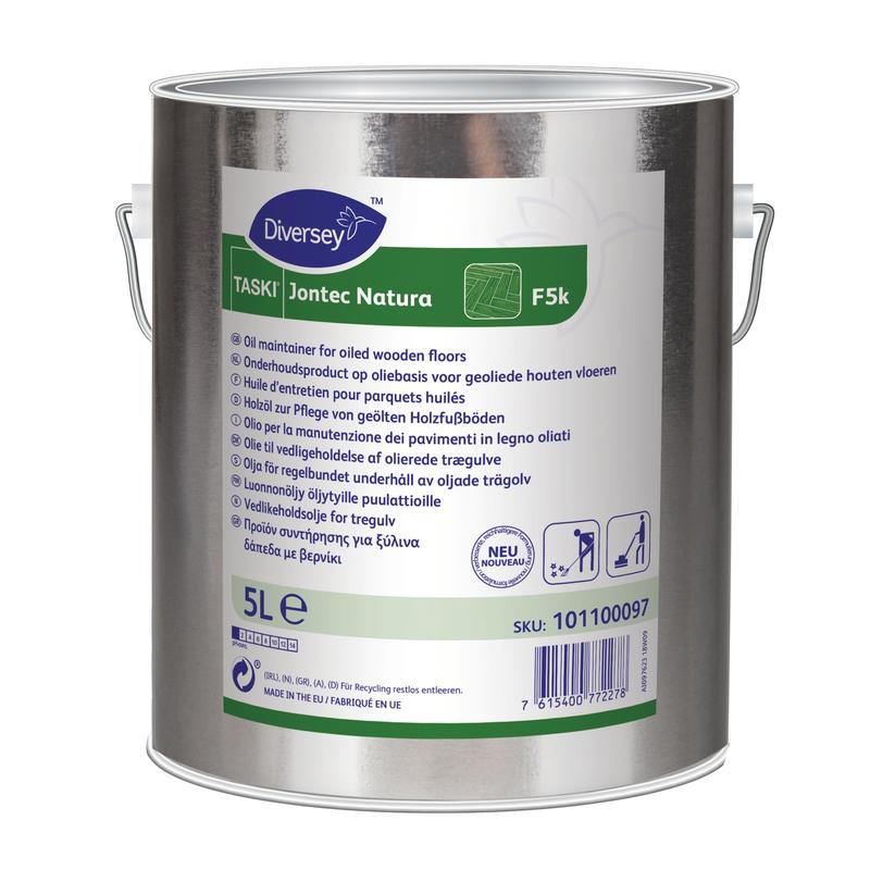 A 5-liter canister of Diversey Germany TASKI Jontec Natura, oil for oiled wooden floors, stone wood, and cotta coverings, with multilingual product information and application instructions on the label.