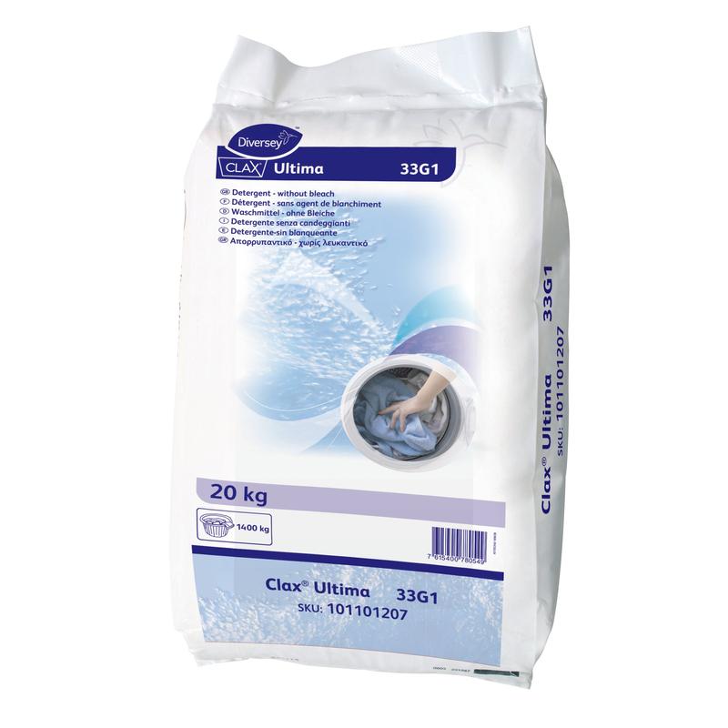 A 20 kg bag of Clax Ultima 33G1, enzymatic pre-wash and color detergent from Diversey Deutschland GmbH & Co. OHG - Ideal for commercial laundries and effective stain removal.