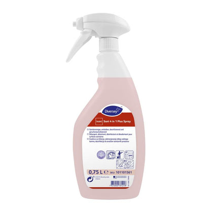 A 0.75-liter spray bottle in white labeled "TASKI Sani 4 in 1 Plus" from Diversey Deutschland GmbH & Co. OHG contains a pink liquid and displays cleaning and disinfection instructions as a lactic acid-based liquid sanitary cleaner for surfaces.