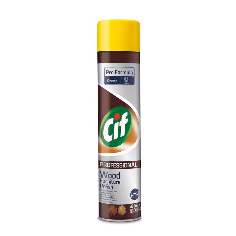 A 400ml can of Cif Professional Furniture Polish Spray from Diversey Deutschland GmbH & Co. OHG, ideal for light dusting, caring for, and protecting wooden furniture. With a brown-yellow cap and informative front label.