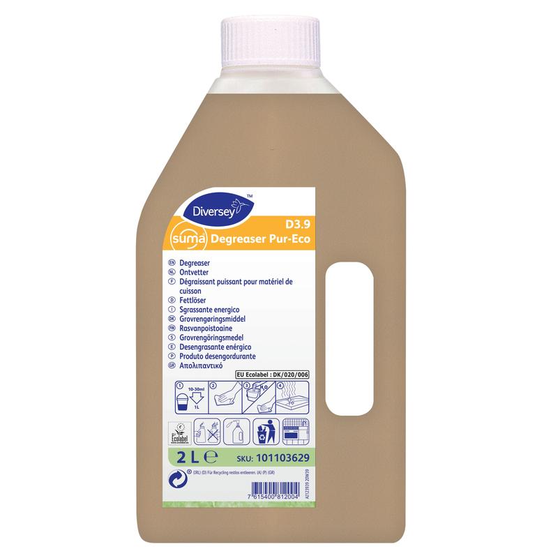 A 2-liter bottle of Suma Degreaser Pur-Eco D3.9 degreaser from Diversey Deutschland GmbH & Co. OHG, with beige liquid, eco-friendly pictograms, product information, instructions on the label, and including a spray head.