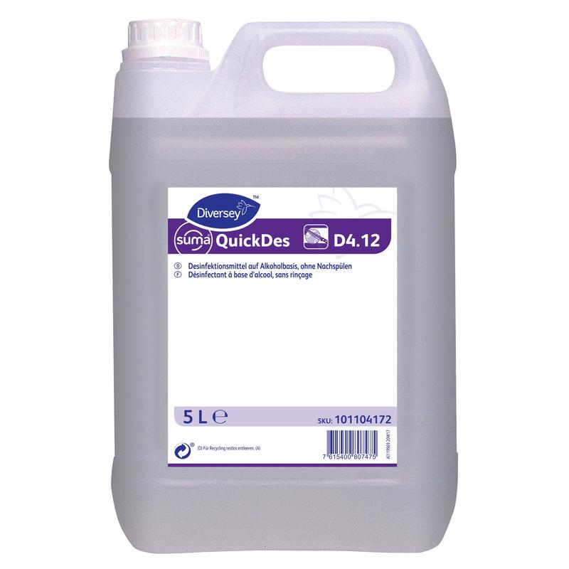 A 5-liter plastic container with Diversey Suma QuickDes D4.12 Quick Disinfection from Diversey Deutschland GmbH & Co. OHG, with a white-purple label featuring product information, details about the quick disinfectant, and a handle on top.