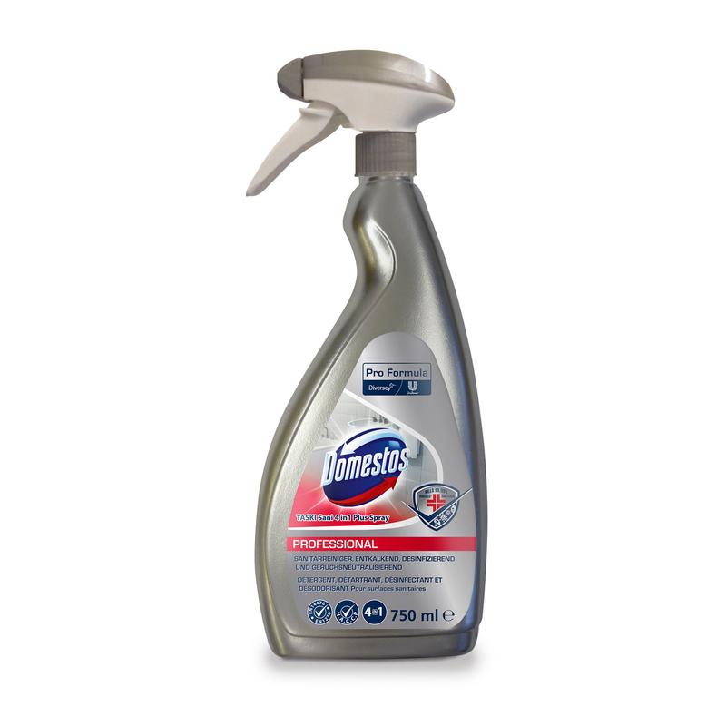 Tá buidéal spraeála airgid 750 ml den DOMESTOS Professional 4in1 Glantóir Sláintíochta ó Diversey Deutschland GmbH & Co. OHG ina sheasamh go hingearach ar chúlra bán. Taispeánann an lipéad sonraí táirge agus brandáil i ndathanna gorm, dearg agus airgid.