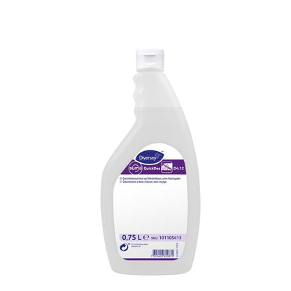 A 0.75-liter bottle of Suma QuickDes D4.12 Quick Disinfection made of white plastic from Diversey Deutschland GmbH & Co. OHG with a flip-top cap and a purple-white label with product details on the front.