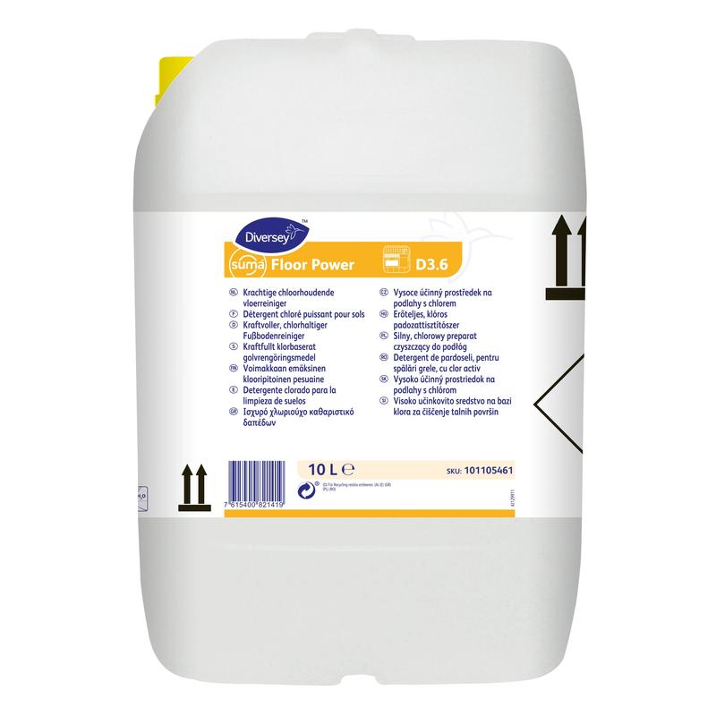 Canastar 10-lítear de Suma Floor Power D3.6, glantóir urláir clóir-alcaileach ó Diversey Deutschland GmbH & Co. OHG, le clúdach buí agus lipéad ilteangach le treoracha agus siombailí dubha.
