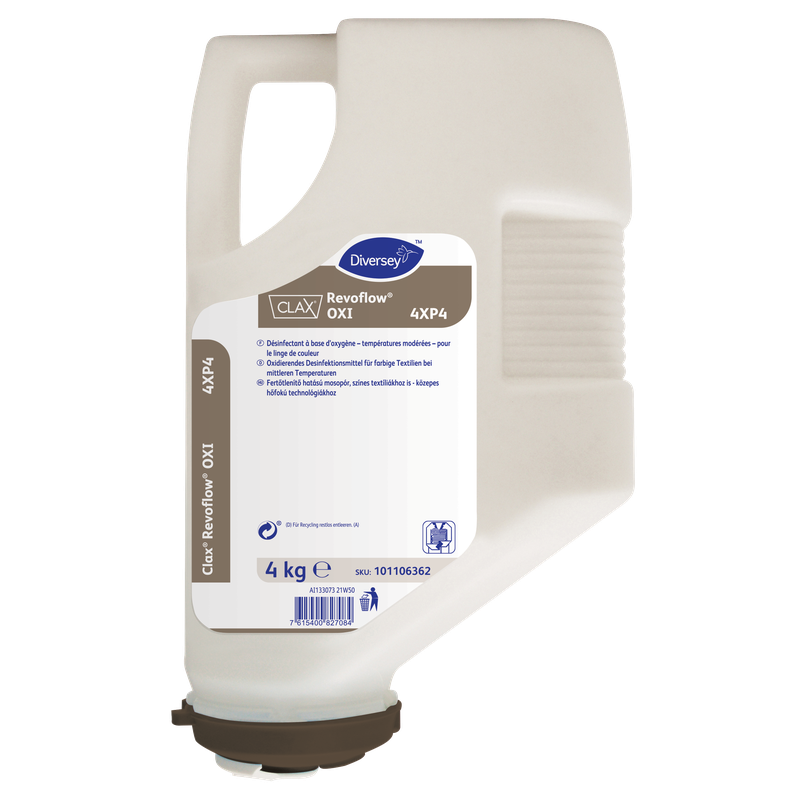 Ein beiger 4 kg Kunststoffbehälter Clax Revoflow OXI 4XP4* Bleich- und Desinfektionsmittel in Pulverform von Diversey Deutschland GmbH & Co. OHG-wirkt schon bei niedrigen Temperaturen, RKI-gelistet bei 60°C, ideal für professionelle Wäschereien.