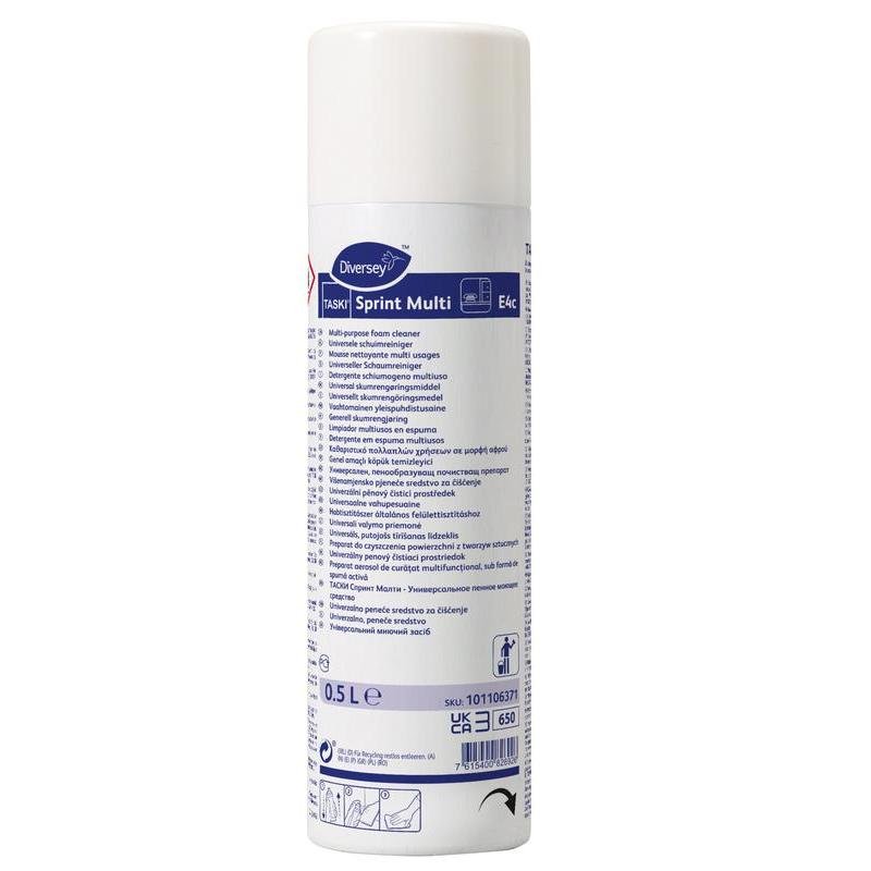 A white 500 ml can of Diversey Deutschland TASKI Sprint Multi Aerosol Foam Cleaner for versatile surface cleaning, with blue text, instructions, application notes on the label, a white cap, and barcode at the bottom.