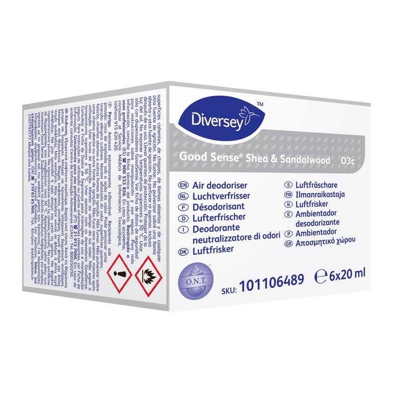 A white-purple box with the inscription "Good Sense Shea & Sandalwood, fragrance cartridge for the Good Sense air freshener system" by Diversey Deutschland GmbH & Co. OHG contains 6 cartridges (6x20 ml) with multilingual information and hazard warnings.