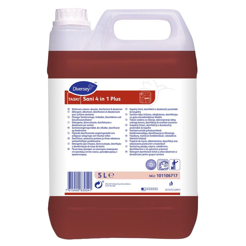 A 5-liter plastic container of TASKI Sani 4 in 1 Plus, liquid sanitary cleaner with lactic acid from Diversey Deutschland GmbH & Co. OHG contains red liquid and features a multilingual label with barcodes and symbols.