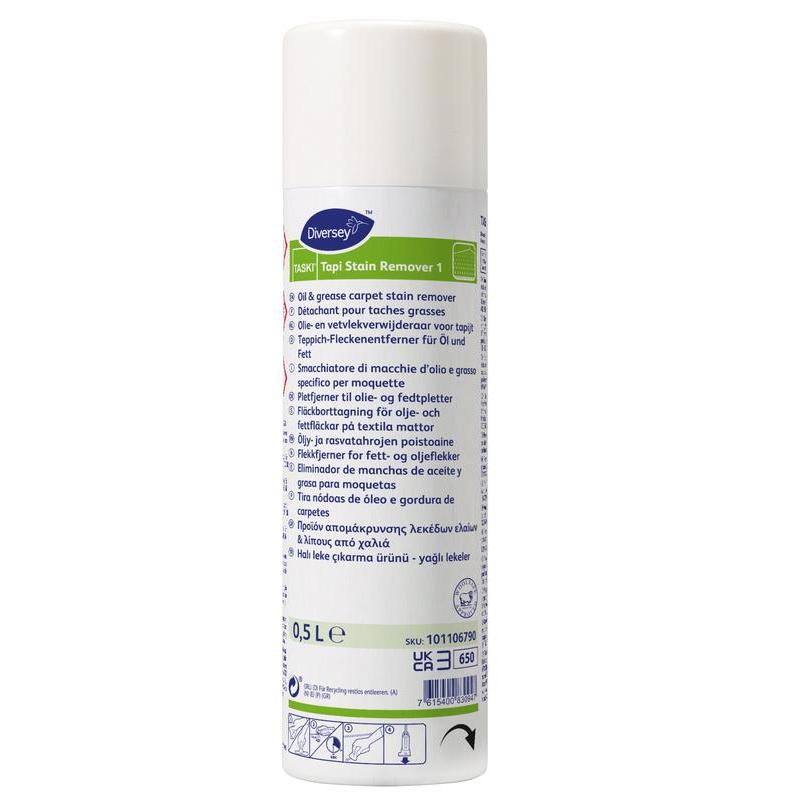 A 500 ml white aerosol can TASKI Tapi Stain Remover 1 from Diversey Deutschland GmbH & Co. OHG, a highly effective stain remover for solvent-soluble stains, with a multilingual label and a white cap.