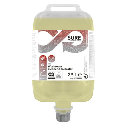 A 2.5-liter SURE sanitary cleaner and descaler from Diversey Deutschland GmbH & Co. OHG, yellow liquid with natural ingredients, is delivered with a nozzle and a white label with product details and the SURE logo.