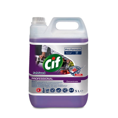 A 5-liter Cif Professional Safeguard 2in1 disinfectant cleaner from Diversey Deutschland GmbH & Co. OHG with a handle and screw cap shows on the label trademarks and images of clean surfaces, fresh products, and protection against bacteria and viruses.