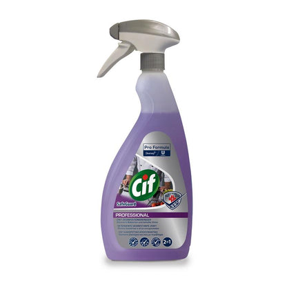 A bottle of Cif Professional Safeguard 2in1 disinfectant cleaner from Diversey Deutschland GmbH & Co. OHG with a spray nozzle and purple liquid; the label shows details, logos, symbols and claims to remove bacteria and viruses.