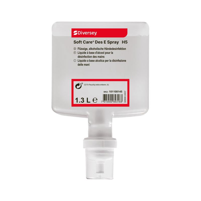 The 1.3-liter Soft Care Des E Spray H5 hand sanitizer from Diversey Deutschland GmbH & Co. OHG features multilingual labeling, a visible barcode on the front, and is ideal for on-the-go use in a practical spray form.