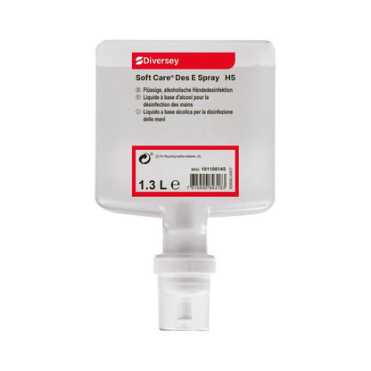 The 1.3-liter Soft Care Des E Spray H5 hand sanitizer from Diversey Deutschland GmbH & Co. OHG features multilingual labeling, a visible barcode on the front, and is ideal for on-the-go use in a practical spray form.