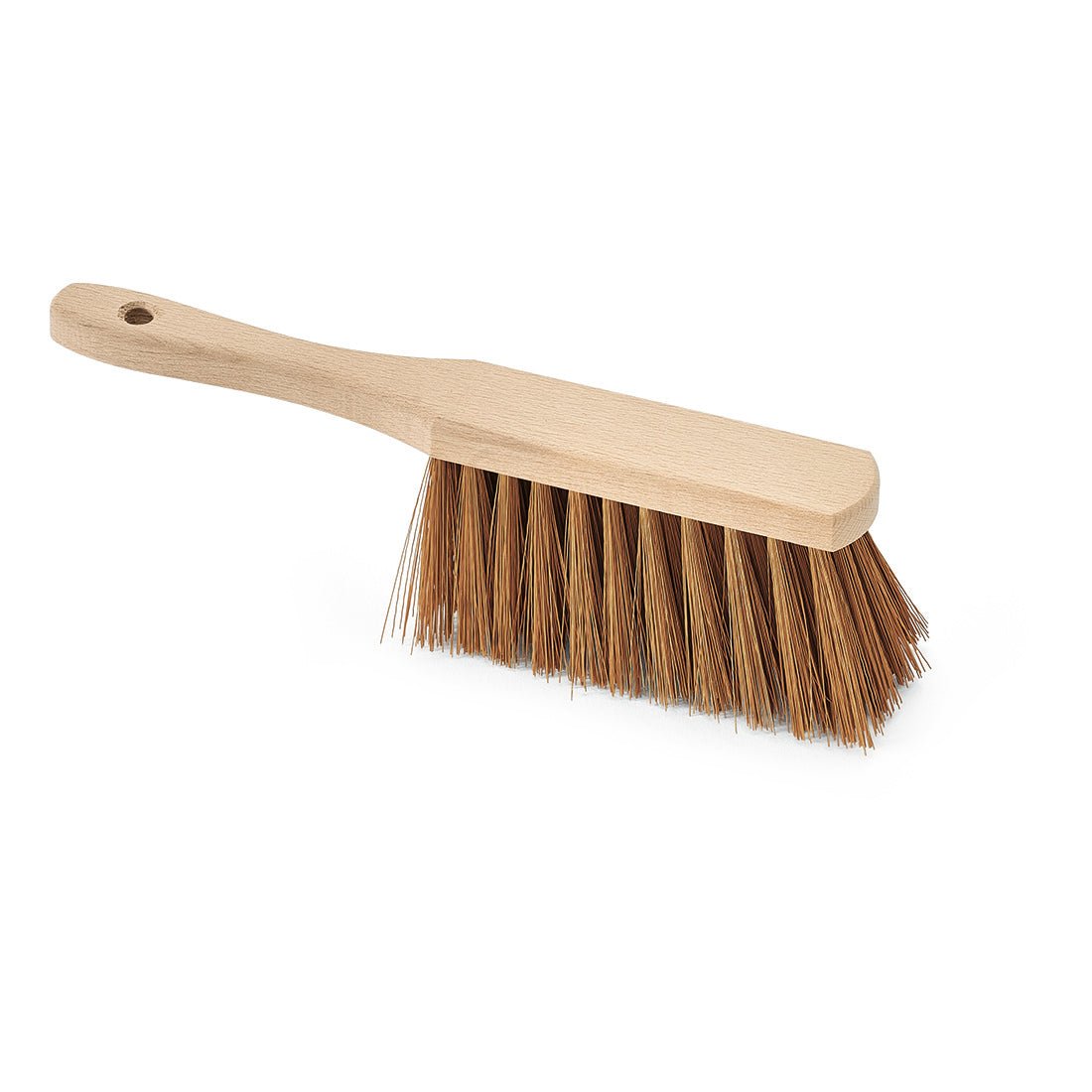 The Nölle Profi Brush industrial hand broom, 28 cm poly-coconut with hanging hole by Nölle Profi Brush Bürsten- & Pinseltechnik e.K., has stiff brown bristles and a light wooden handle, photographed on a white background.