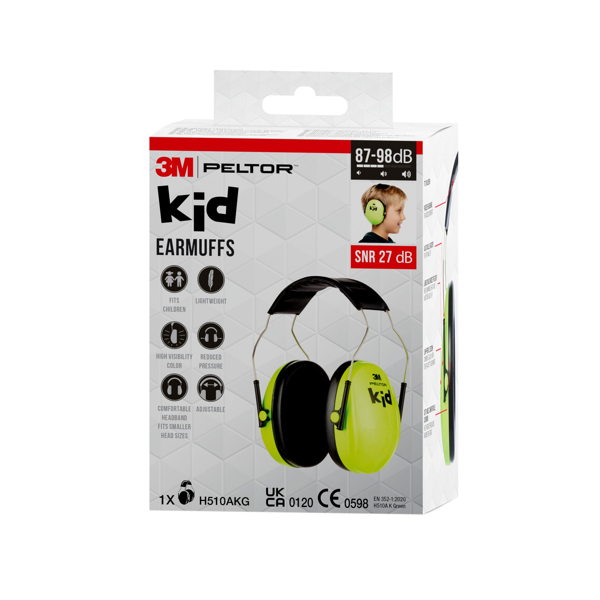 Abgebildet ist eine Schachtel 3M™ PELTOR™ Kapselgehörschutz für Kinder der 3M Deutschland GmbH mit einer weißen und neongrünen Verpackung, auf der ein Kind abgebildet ist, das den Kapselgehörschutz trägt, und auf der die wichtigsten Merkmale sowie die Lärmreduzierung auf der Vorderseite angegeben sind.