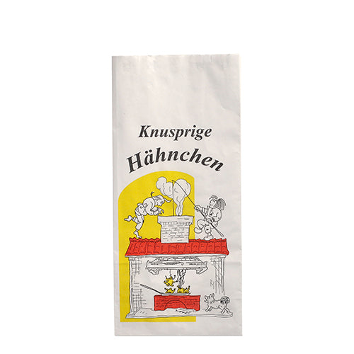 The Starpak 100 chicken bag, paper with aluminum lining, shows "Crispy Chicken" and two people roasting chicken over a brick grill, on a white bag with yellow accents and offers eco-friendly thermal insulation.