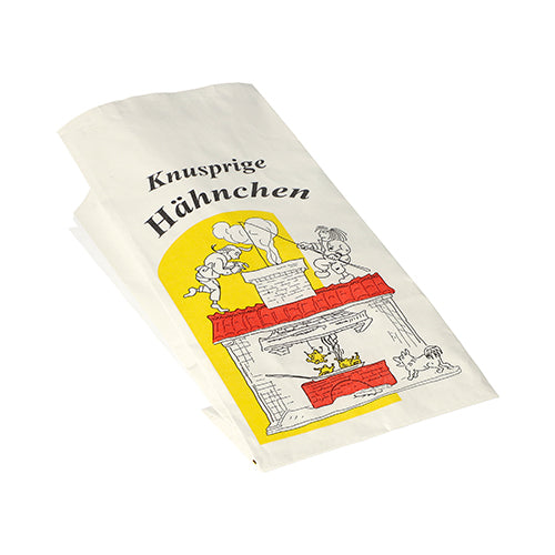 Der Starpak 100 Hähnchenbeutel aus Papier mit Alu-Einlage zeigt „Knusprige Hähnchen“, Hühner um einen Backofen und gelbe Akzente. Umweltfreundlich, von der Marke Starpak.