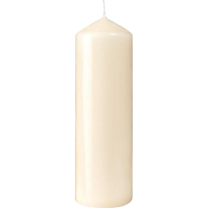 The Duni GmbH pillar candles ivory (220 x 70 mm) have a smooth surface, a short white wick, and a burning time of approximately 90 hours.