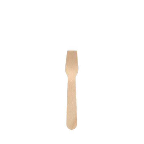 A small PAPSTAR ice cream spoon made of wood "pure" (9.4 cm) stands in the center on a white background, has a flat handle and a short head with flat prongs - an eco-friendly, environmentally conscious choice from PAPSTAR GmbH (100 pieces).