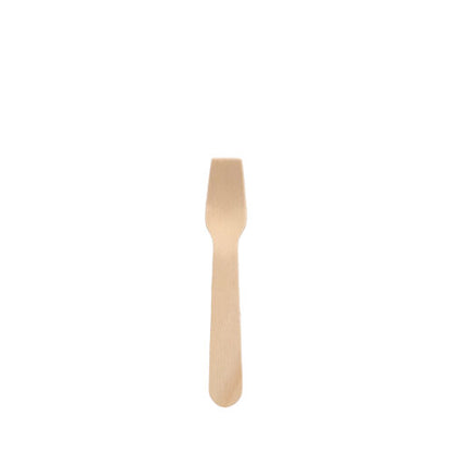 A small PAPSTAR ice cream spoon made of wood "pure" (9.4 cm) stands in the center on a white background, has a flat handle and a short head with flat prongs - an eco-friendly, environmentally conscious choice from PAPSTAR GmbH (100 pieces).