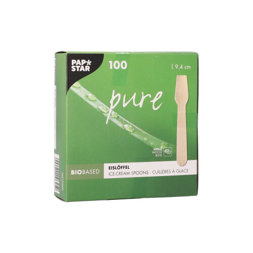 Eine grün-weiße Box der PAPSTAR GmbH (PAPSTAR Eislöffel aus Holz "pure" 9,4 cm) enthält 100 umweltfreundliche Holzlöffel mit einer Löffelabbildung auf der rechten Seite. Jeder Löffel ist 9,4 cm lang und wird in einer Pappschachtel geliefert.