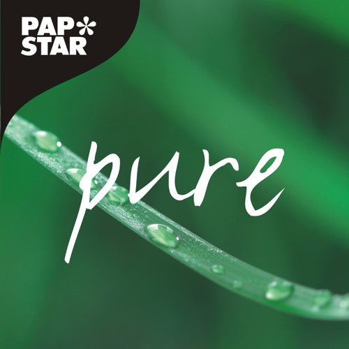 A green leaf with water droplets is in focus against a blurred green background. "pure" is written in white letters and emphasizes the eco-friendly message for PAPSTAR ice cream spoons made of wood "pure" 9.4 cm (100 pieces), with the logo of PAPSTAR GmbH at the top left.