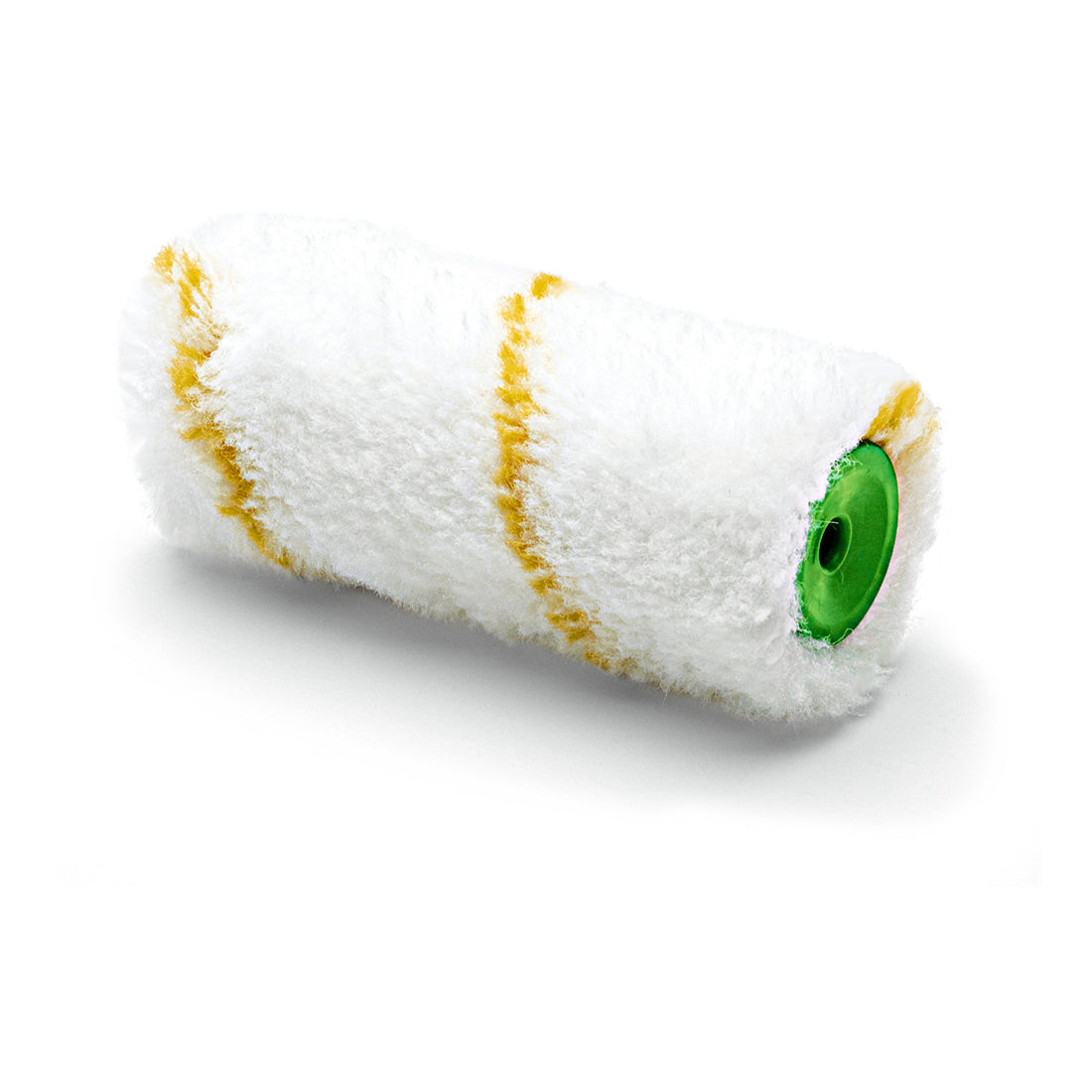 Nahaufnahme eines Nölle Profi Brush Kombiwalze Gelbfaden, 10 cm x Ø 30 mm, 12 mm Florhöhe Farbwalzenbezug von Nölle Profi Brush Bürsten- & Pinseltechnik e.K., mit gelben Streifen und grünem Kern auf weißem Grund.