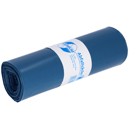 A blue rolled-up DEISS trash bag 70L from EMIL DEISS KG (GmbH + Co.), made from recycled LDPE, with a white label featuring blue graphics and German text; Size: 575x1000x0.07 mm, ideal for daily waste disposal.