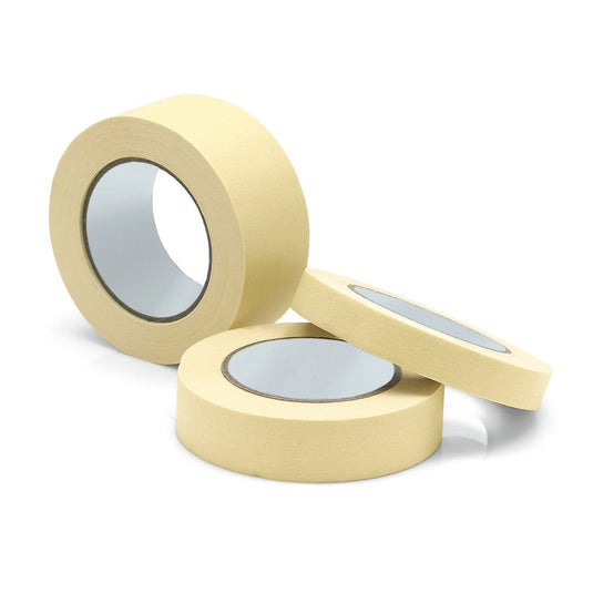 Three rolls of Nölle Profi Brush painter's masking tape from Nölle Profi Brush Bürsten- & Pinseltechnik e.K. in beige are shown against a white background—two standing upright, one lying flat—with visible cardboard cores, ideal for precise paint edges and professional work.