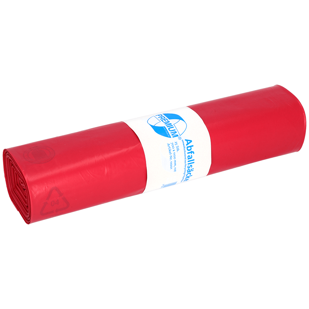 Pictured is a roll of EMIL DEISS KG (GmbH + Co.) DEISS 11001 red garbage bags (700x1100 mm, Type 60, 25 pieces), with a white-blue label for transport and storage, on a plain white background.