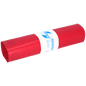 Pictured is a roll of EMIL DEISS KG (GmbH + Co.) DEISS 11001 red garbage bags (700x1100 mm, Type 60, 25 pieces), with a white-blue label for transport and storage, on a plain white background.