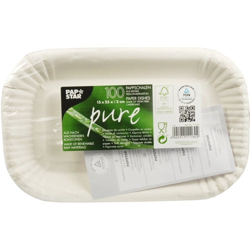 The rectangular white cardboard trays "pure" (15 x 23 x 1.2 cm) from PAPSTAR GmbH are made from renewable raw materials. Each pack contains 100 environmentally friendly disposable trays for all catering needs.