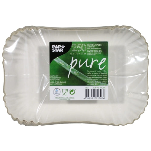 A pack of 100 rectangular, white cardboard trays from PAPSTAR GmbH ("pure") is wrapped in foil - ideal for environmentally friendly catering.