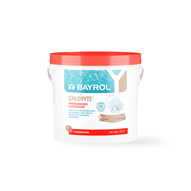 BAYROL Chloryte® Gráinníní clóirín neamhorgánacha le hábhar clóirín gníomhach 70%.