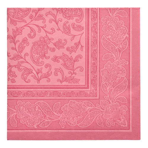 Die PAPSTAR 20 Servietten "ROYAL Collection" (1/4-Falz, 40x40 cm) der PAPSTAR GmbH präsentieren sich im rosa Karo-Design mit geprägter Paisley- und Blumenbordüre - perfekt für eine stilvolle Tischdekoration in Premium-Qualität.