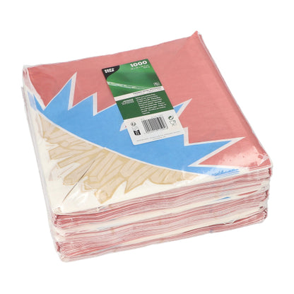 Ein Stapel rot-blau-weißer PAPSTAR 1000 Pommes-Frites-Spitztüten in Zick-Zack-Form (Pergament-Ersatz) ist in Klarsichtfolie verpackt und mit einem grünen Etikett der PAPSTAR GmbH versehen.