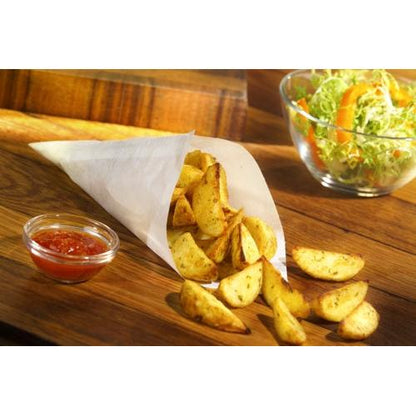 A PAPSTAR 1000 cone bag, parchment substitute, greaseproof paper bag from PAPSTAR GmbH, filled with seasoned potato wedges, stands on a wooden surface next to red dip sauce and a green salad with orange slices in the background.
