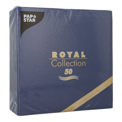 A blue pack of PAPSTAR 50 napkins "ROYAL Collection" (1/4-fold, 40x40 cm, dark blue) from PAPSTAR GmbH with gold-white lettering and a diagonal gold stripe in the lower right corner.