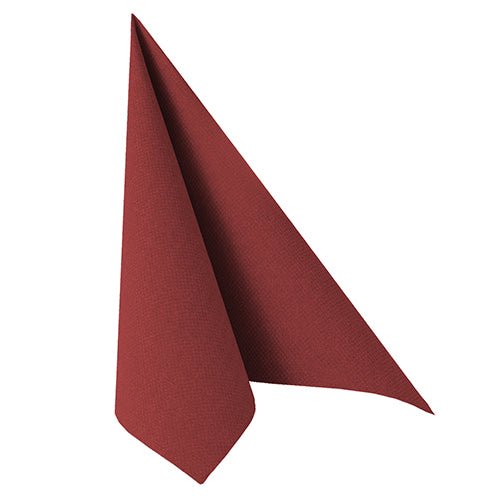 A single napkin PAPSTAR 50 Napkins "ROYAL Collection" (1/4-fold, 40 x 40 cm, burgundy) of PAPSTAR GmbH stands upright, folded into a tent-like triangle against a plain white background.