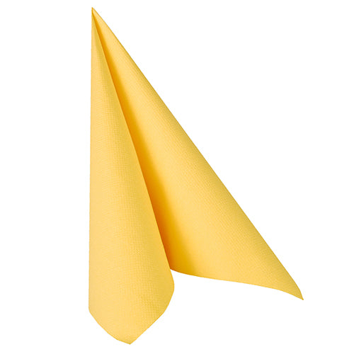 A single yellow PAPSTAR 50 "ROYAL Collection" napkins 1/4-fold napkin (40 x 40 cm, PAPSTAR GmbH) is folded upright into a triangular shape with a textured surface and depicted on a white background.