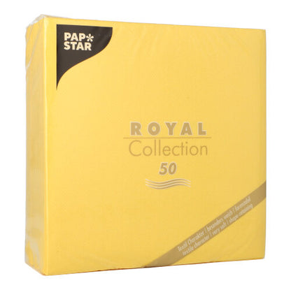 A yellow package from PAPSTAR GmbH with the inscription "50 napkins ROYAL Collection 1/4-fold 40 x 40 cm yellow" contains 50 napkins with gold and black accents and text in the lower corner.
