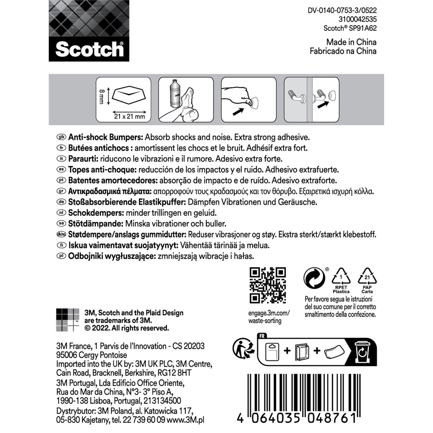Rückseite eines Scotch® Stoßabsorbierenden Elastikpuffers für Wände SP91A62, selbsthaftend, transparent, 21 × 21 mm, 6/Packung von 3M Deutschland GmbH-einschließlich mehrsprachiger Anleitung, Barcode, Icons, Logos & QR-Code. Hergestellt in China.