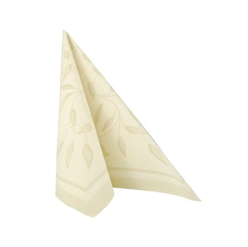 A folded PAPSTAR 50 napkins "ROYAL Collection" 1/4-fold 40 x 40 cm in champagne from PAPSTAR GmbH stands upright against a plain white background.