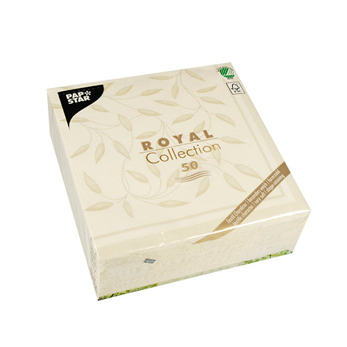 Depicted is a square 50-pack PAPSTAR "ROYAL Collection" napkins (40 x 40 cm, champagne) from PAPSTAR GmbH with a leaf pattern on the packaging and the PAPSTAR napkin logo in the upper left corner.