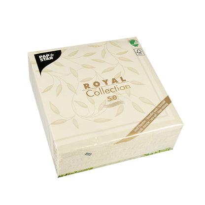 Depicted is a square 50-pack PAPSTAR "ROYAL Collection" napkins (40 x 40 cm, champagne) from PAPSTAR GmbH with a leaf pattern on the packaging and the PAPSTAR napkin logo in the upper left corner.